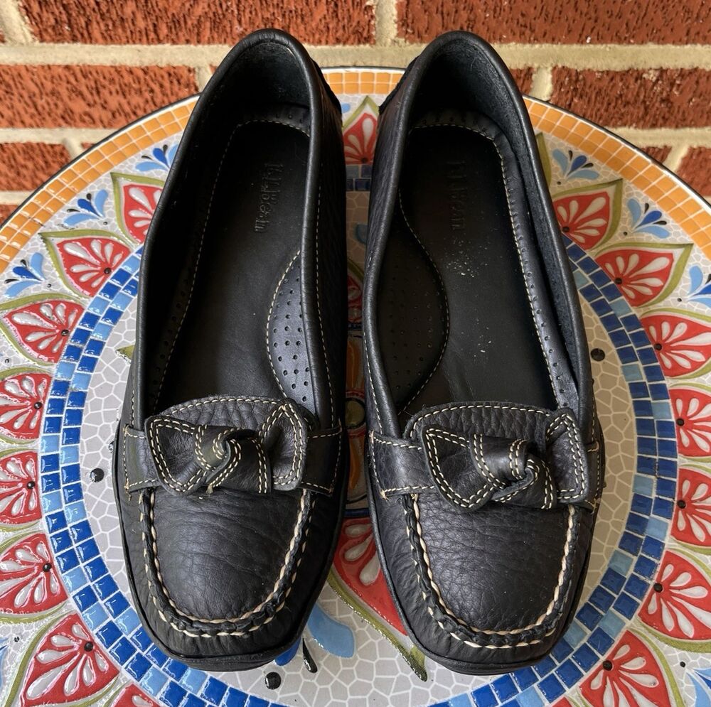Y2K L.L. Bean Womens 7.5 Black Leather Driving Loafers Bow Moccasins Flats